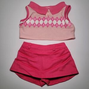 Build A Bear Pink Argyle Golf Outfit Top Shirt Skort Skirt Clothes Stuff Animal